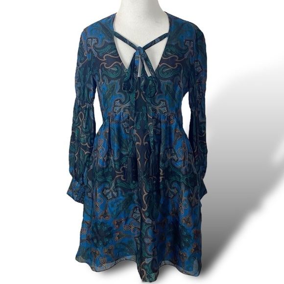 Revolve Rachel Zoe Silk Liridona Mini Dress Blue Size 2 XS V Neck Plunge Ruffle - Picture 3 of 17